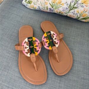 Tory Burch Miller Logo Sandal in Tan with Multicolor Medallion